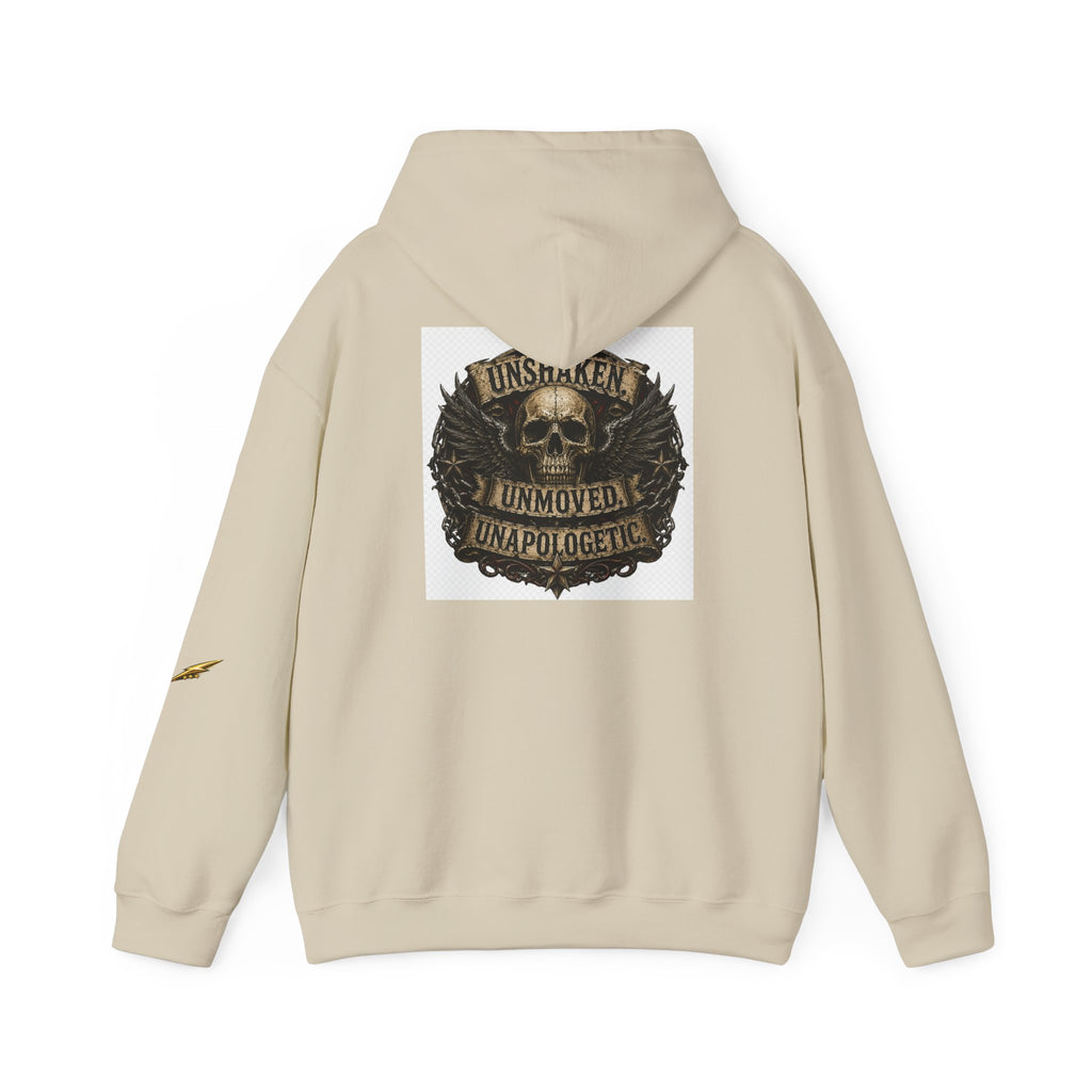 Hoodie — "Unshaken, Unmoved, Unapologetic" Skull Crest Back Print