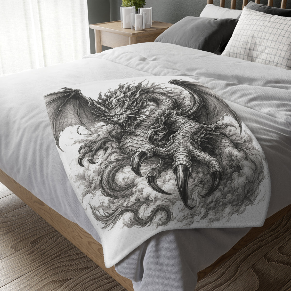 Dragon Claw Velveteen Blanket — Detailed Black & White Fantasy Throw