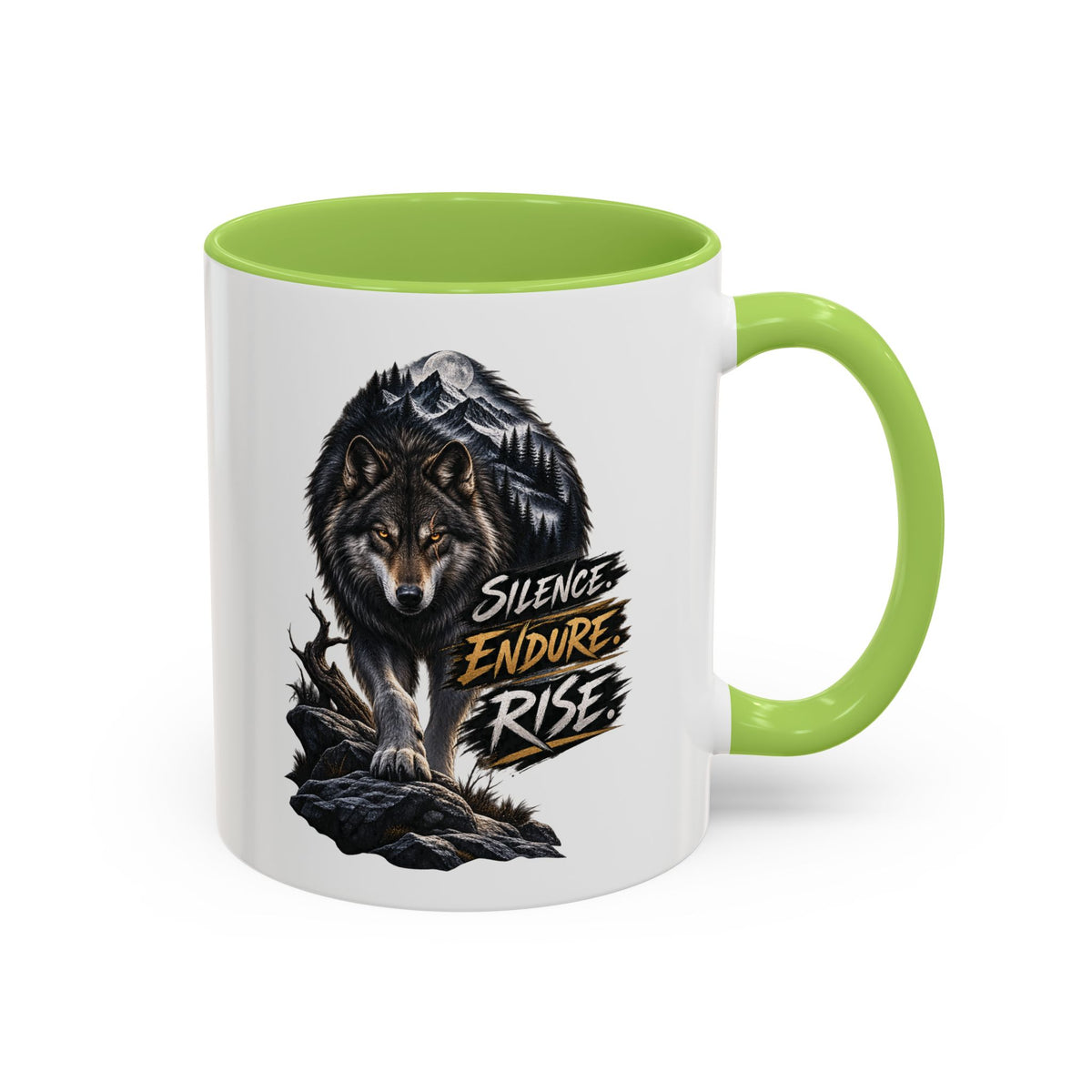 Wolf Graphic Coffee Mug — "Silence Endure Rise" Accent Ceramic Mug (11/15oz)