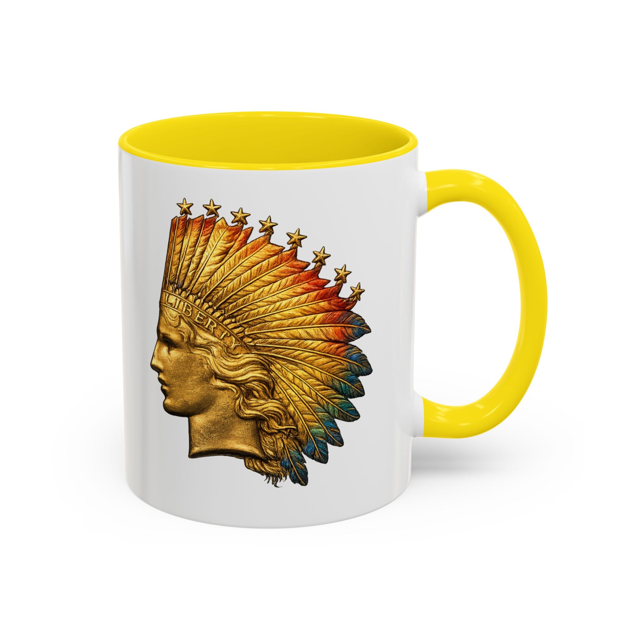 Golden Native Headdress Accent Coffee Mug – Vintage Indian Chief Design (11/15oz)