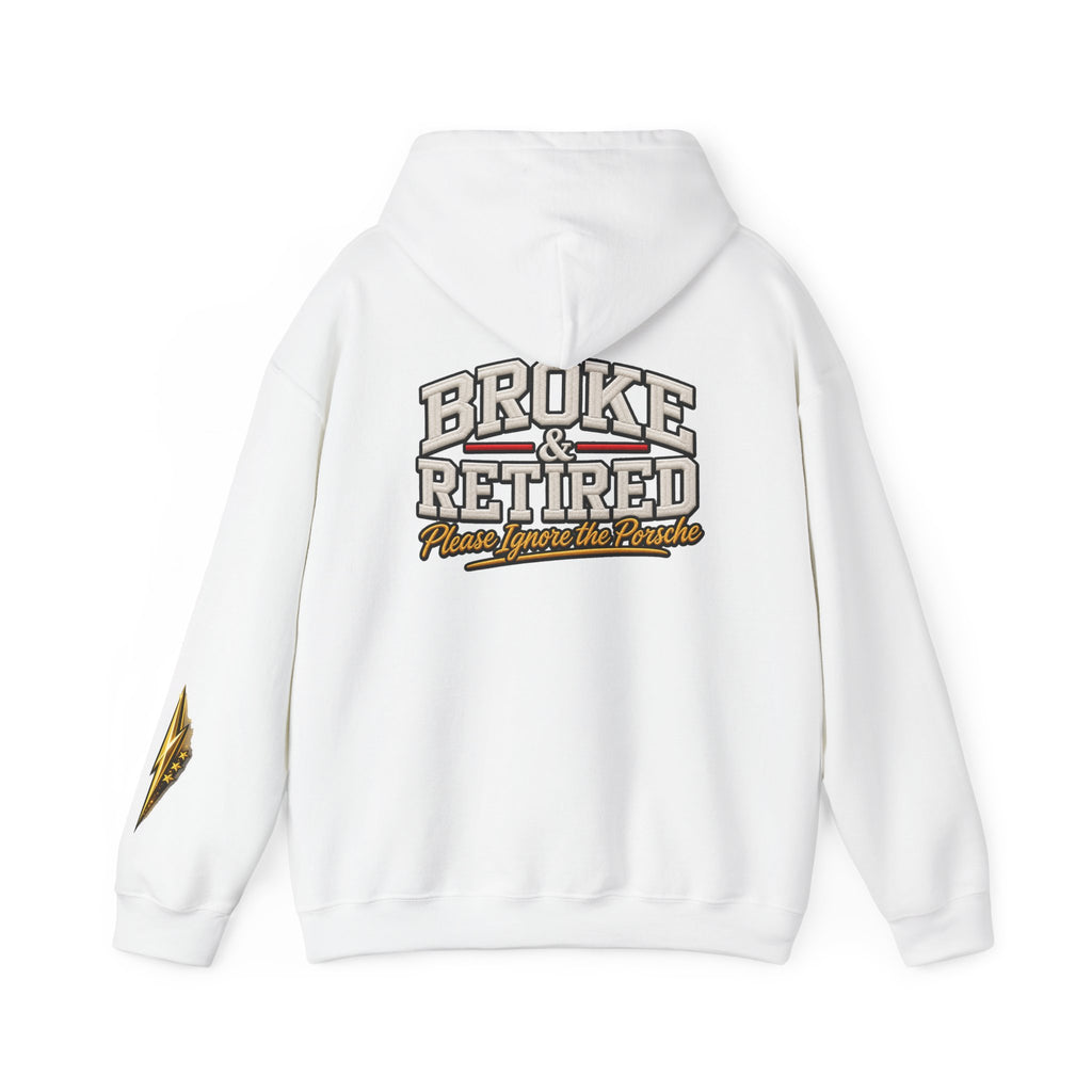 Broke & Retired Hoodie — 'Please Ignore the Pockets' Graphic Sweatshirt