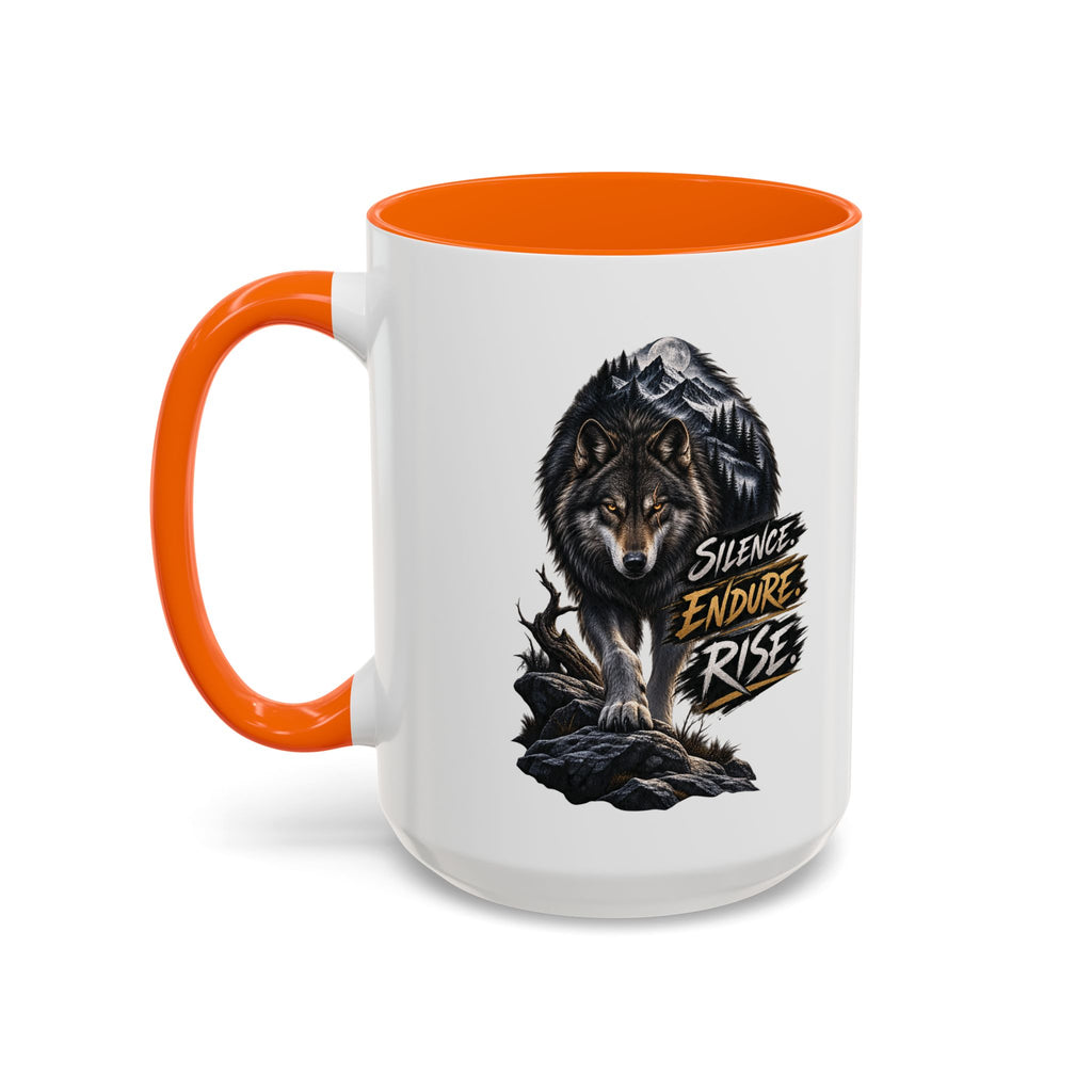 Wolf Graphic Coffee Mug — "Silence Endure Rise" Accent Ceramic Mug (11/15oz)