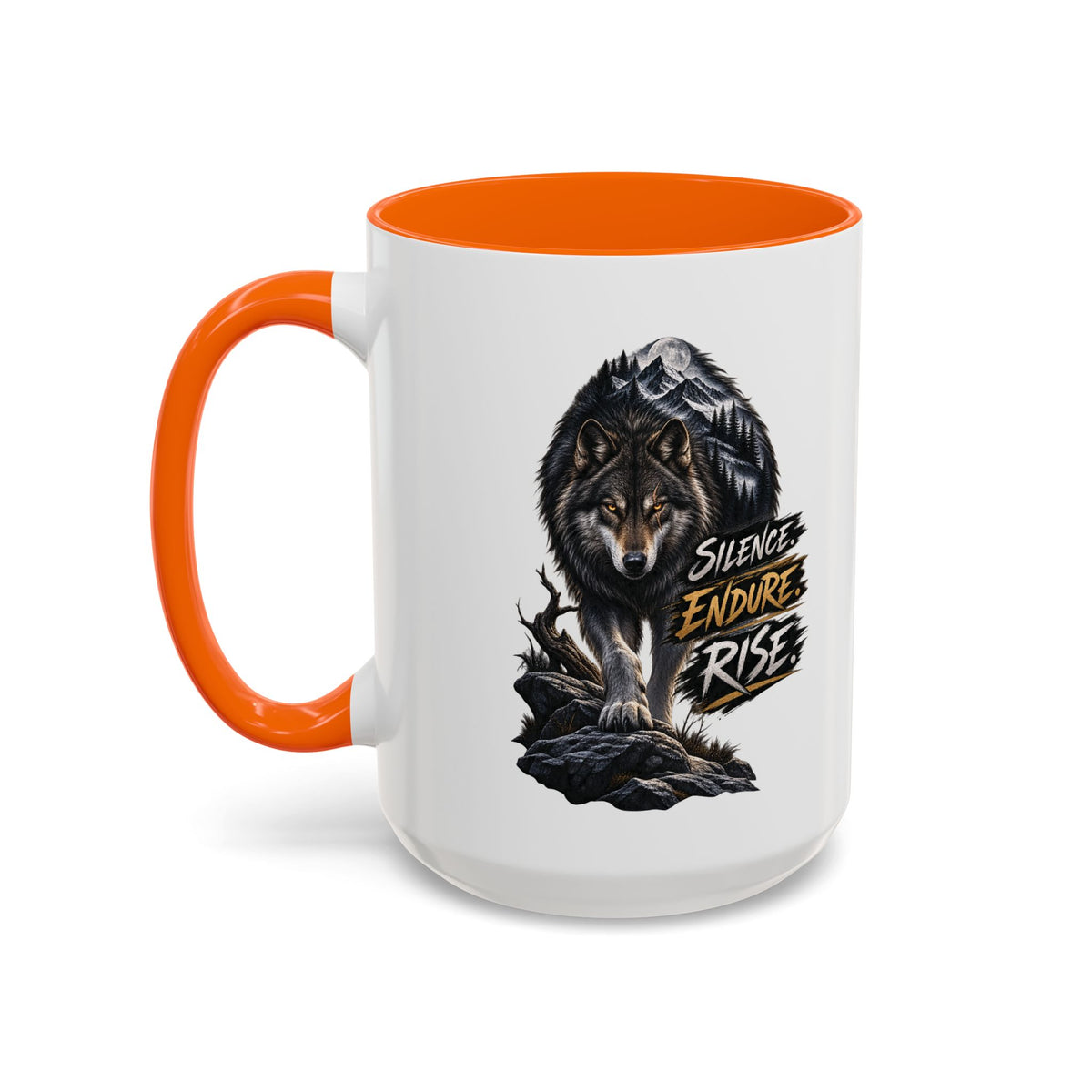 Wolf Graphic Coffee Mug — "Silence Endure Rise" Accent Ceramic Mug (11/15oz)