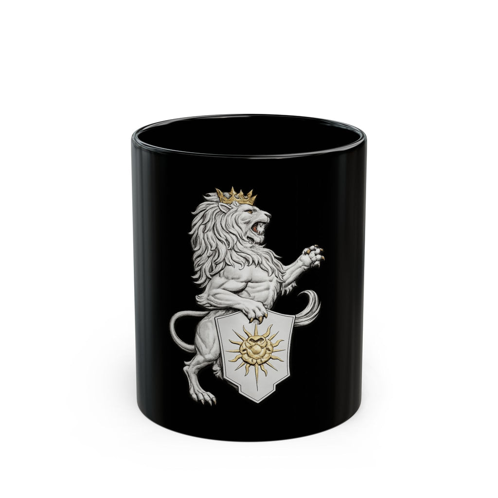 Regal Lion Crest Black Mug – Crowned Lion with Sun Shield, Medieval Heraldry Coffee Cup