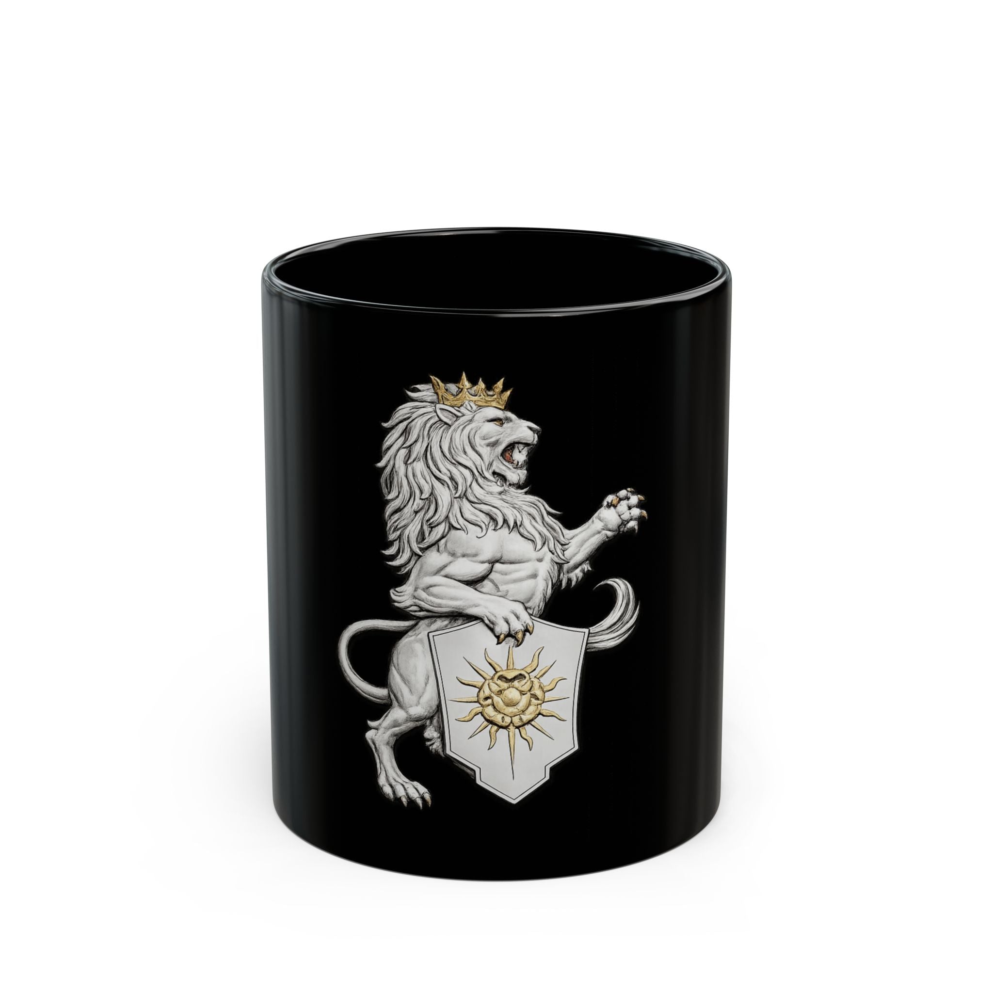 Regal Lion Crest Black Mug – Crowned Lion with Sun Shield, Medieval Heraldry Coffee Cup
