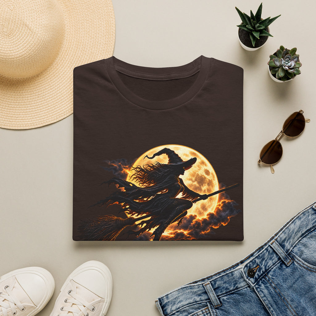 Witch Silhouette T-Shirt — Flying Witch & Full Moon Halloween Tee