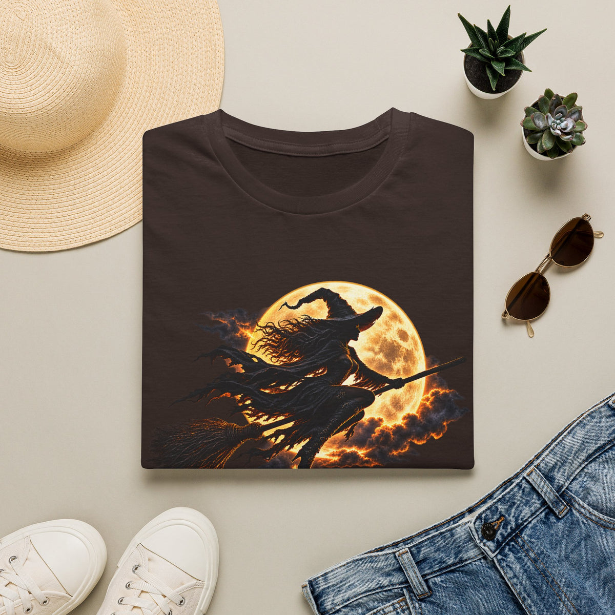 Witch Silhouette T-Shirt — Flying Witch & Full Moon Halloween Tee