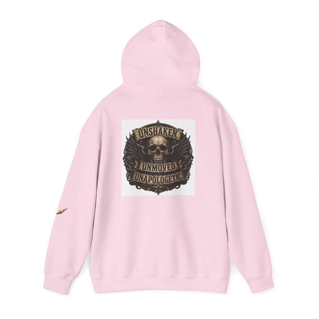Hoodie — "Unshaken, Unmoved, Unapologetic" Skull Crest Back Print