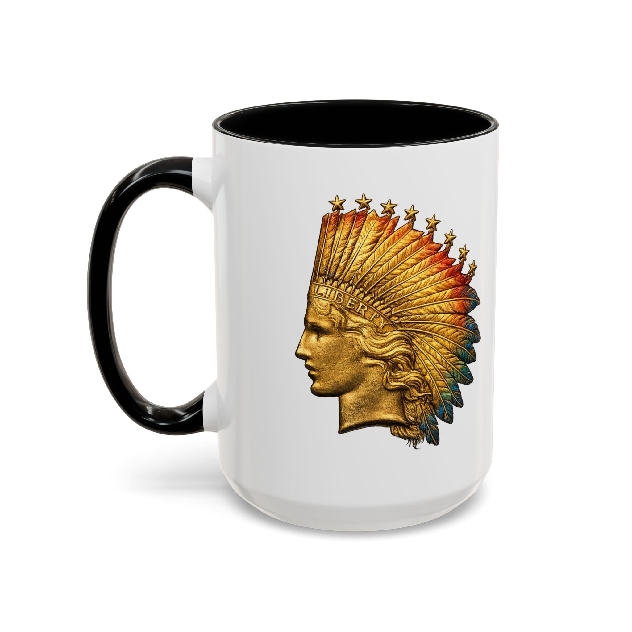 Golden Native Headdress Accent Coffee Mug – Vintage Indian Chief Design (11/15oz)