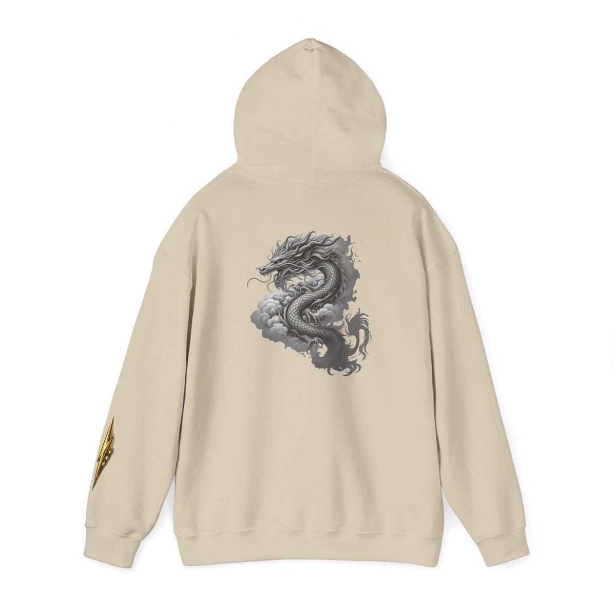 Dragon Graphic Hoodie — Monochrome Oriental Dragon Back Print, Sleeve Emblem