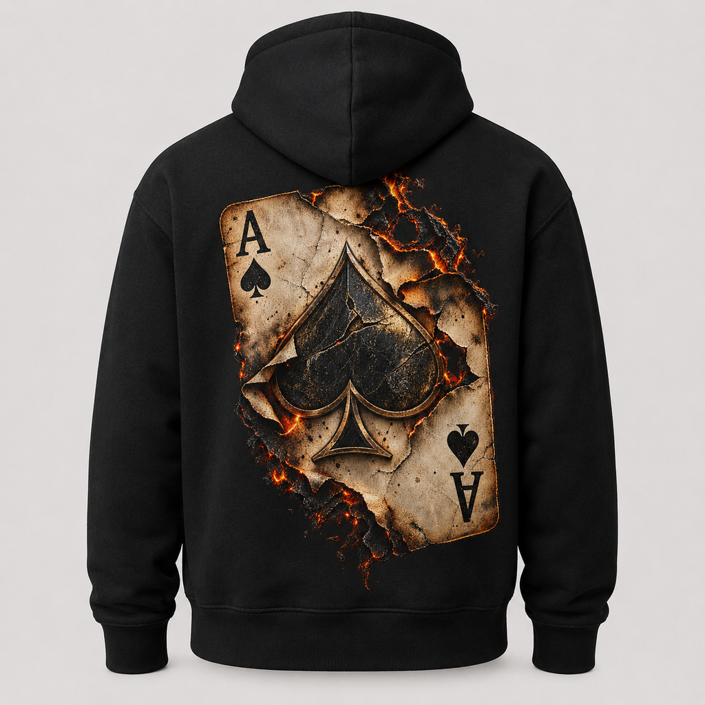 Back of black Burned Ace hoodie with large flaming ace of spades graphic