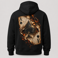Back of black Burned Ace hoodie with large flaming ace of spades graphic