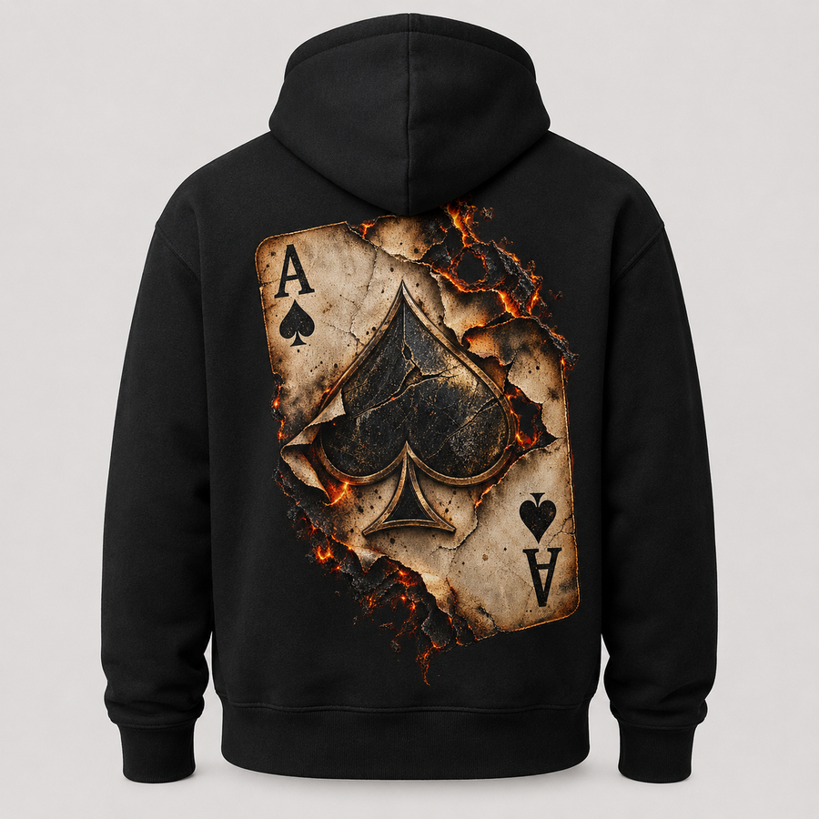 Back of black Burned Ace hoodie with large flaming ace of spades graphic