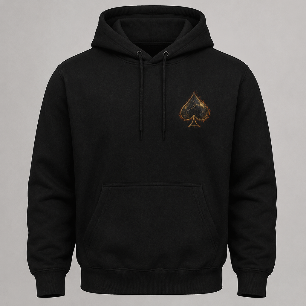 Front of black Burned Ace hoodie with small left-chest spade