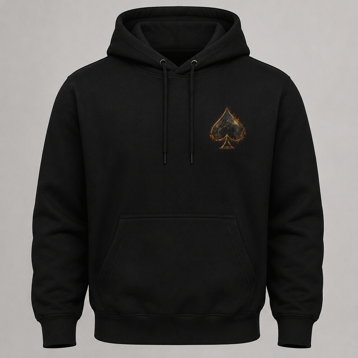Front of black Burned Ace hoodie with small left-chest spade
