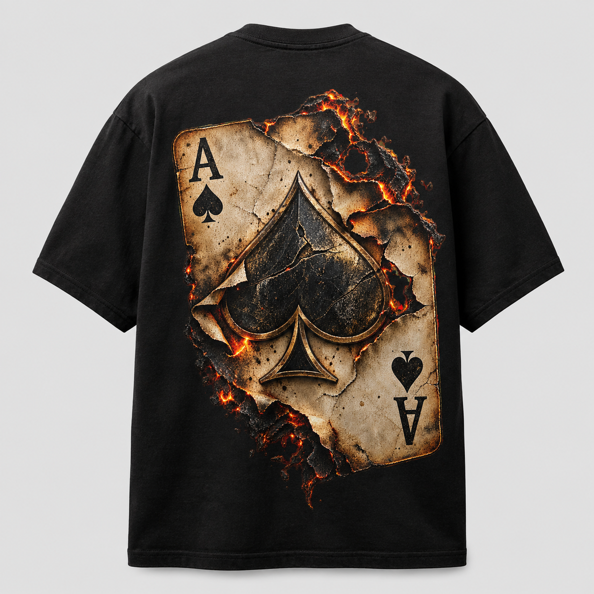 Back of black Burned Ace T-shirt with large flaming ace of spades graphic