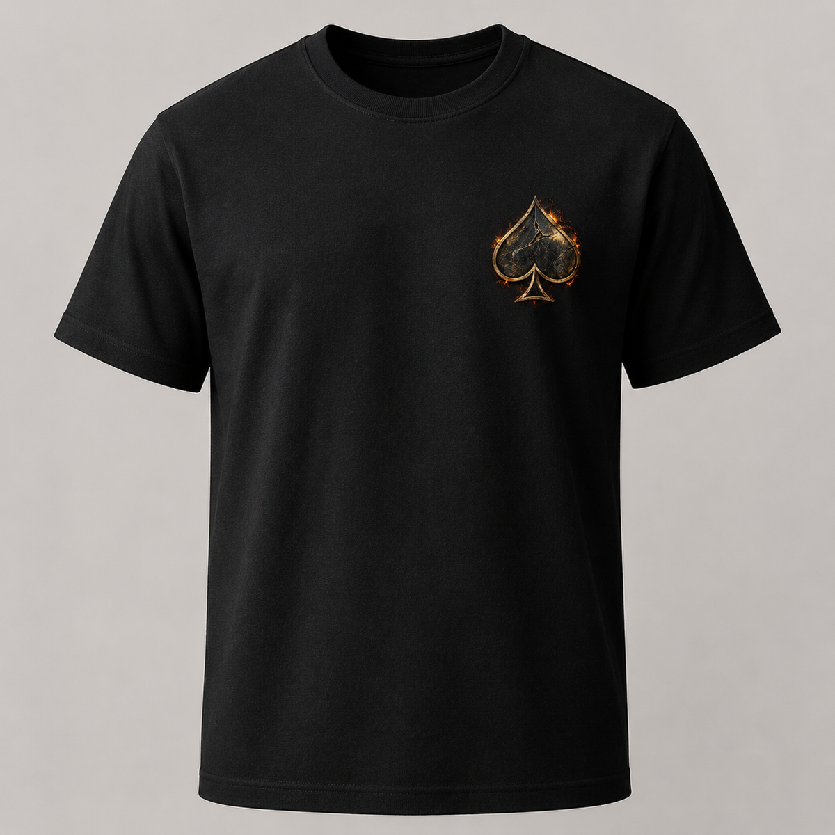 Front of black Burned Ace T-shirt with small left-chest spade
